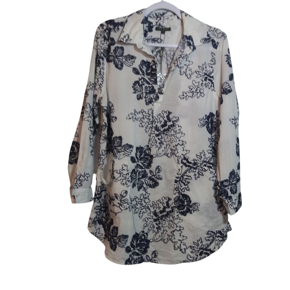 For Cynthia White Navy Embroidered Floral Print Popover Beach Tunic Top Size 1X